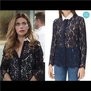 Sandro Celia Navy Blue Sheer Floral Lace Button Front Blouse Long Sleeve Sz 1